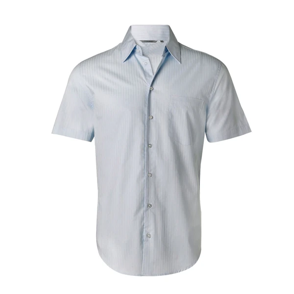 Light blue short sleeve business shirt with tonal self-stripe pattern and button-down collar