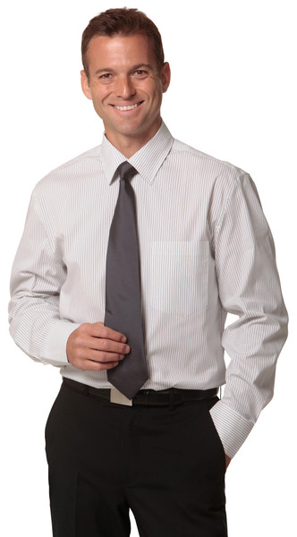 Charcoal grey ticking stripe long sleeve business shirt with buttoned collar and chest pocket