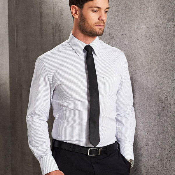 White dress shirt with fine grey ticking stripe pattern, worn with black tie and business trousers