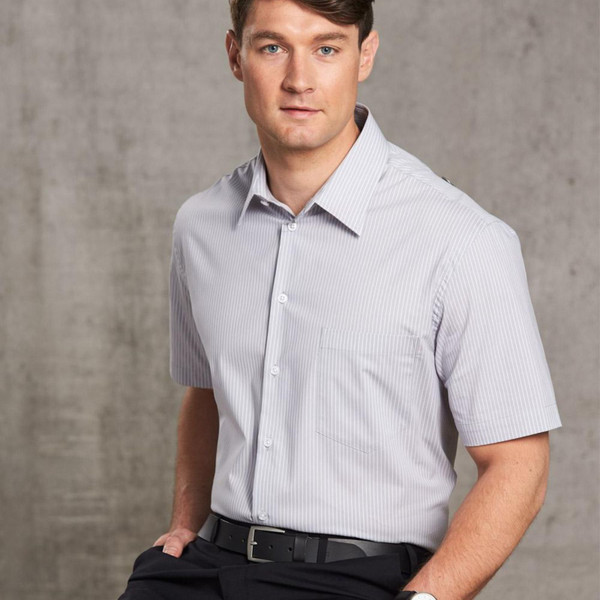 Light blue and white ticking stripe short sleeve business shirt with chest pocket and full button placket
