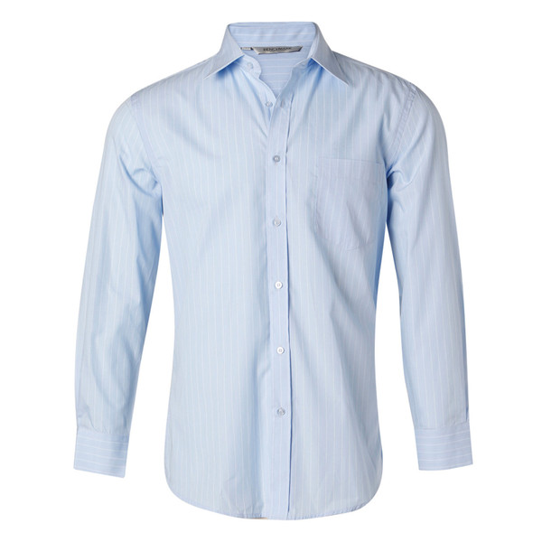 Men's pale blue pinstripe long sleeve shirt with classic collar, button placket, and chest pocket