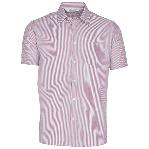 Men's short sleeve business shirt in burgundy and white vertical stripe pattern with chest pocket and button front