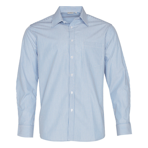 Men's long sleeve business shirt in sky blue and white vertical stripes with chest pocket and collar