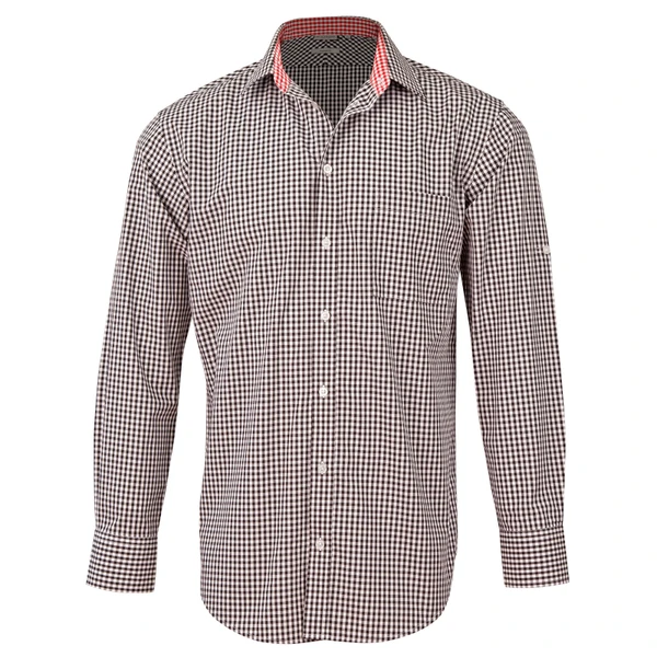 Men's long sleeve shirt with burgundy and white gingham check pattern and contrasting red gingham collar trim