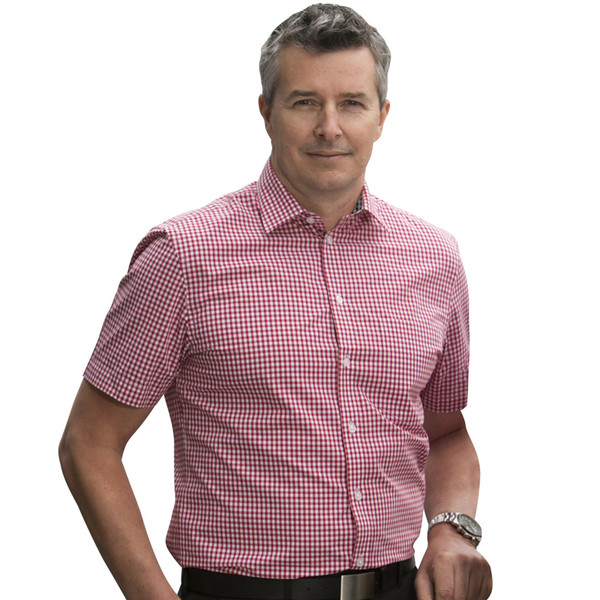 Red and white gingham check short sleeve business shirt with contrasting white collar and cuffs
