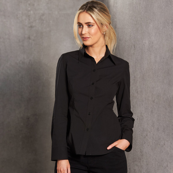 Black long sleeve stretch shirt with button front and tailored collar on model