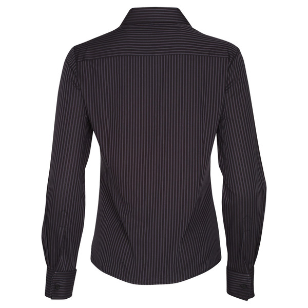 Women's charcoal pinstripe long sleeve shirt, back view showing tailored fit, buttoned cuffs and yoke seam detail