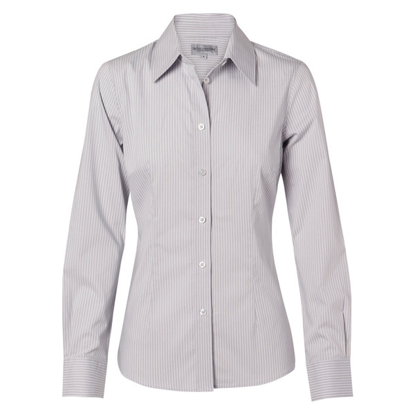 Ladies long sleeve business shirt in silver grey with fine vertical pinstripes and classic collar