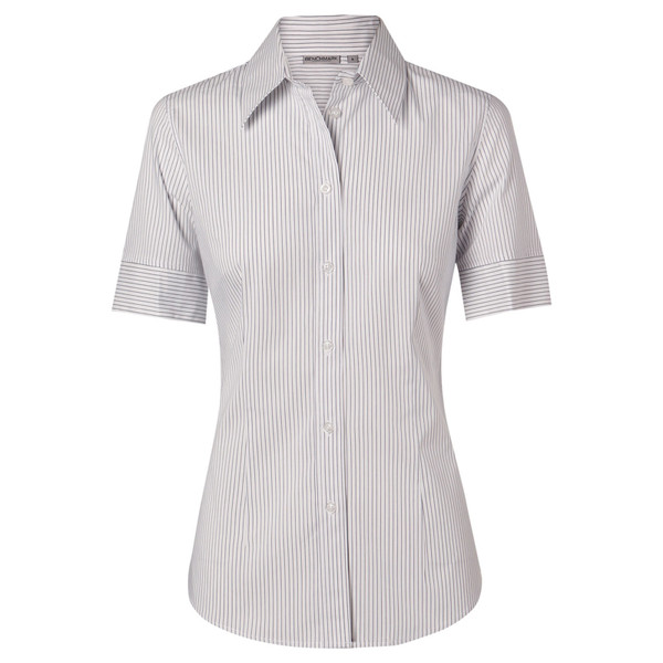 Women's short sleeve business shirt in grey and white vertical pinstripe with collar and button front