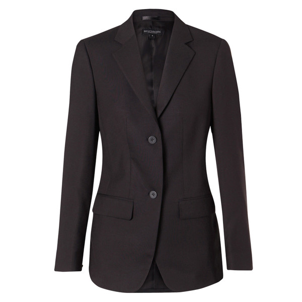Charcoal women's stretch blazer with notch lapels, two-button closure and front flap pockets