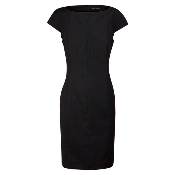 Black cap sleeve dress in wool blend stretch fabric with fitted silhouette and crew neckline