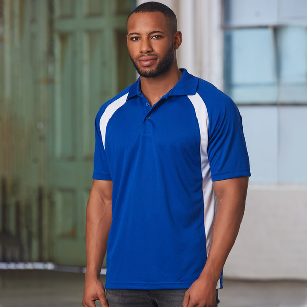 Royal blue polo shirt with white contrast panels on shoulders and sides featuring CoolDry micro-mesh fabric