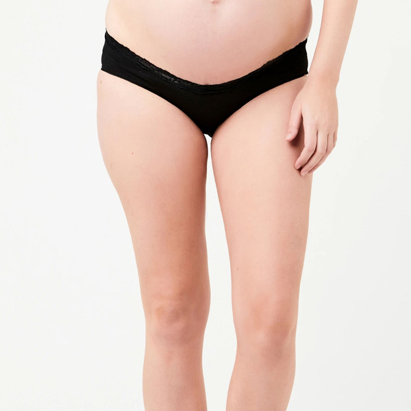 Black maternity briefs with lace waistband detail, worn low under belly