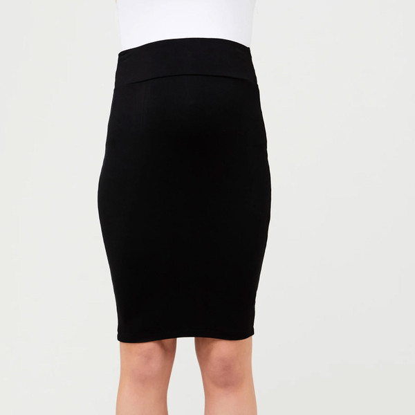 Black maternity skirt with wide supportive waistband, knee-length fitted silhouette