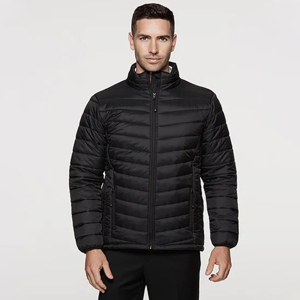 Black quilted puffer jacket with horizontal channel stitching, full-length zipper and high collar