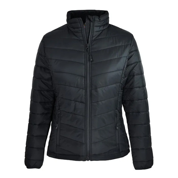 Black quilted puffer jacket with chevron stitching detail and full-length zip closure
