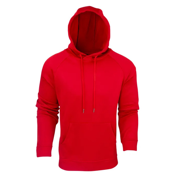 Bright red polyester fleece hoodie with drawstring hood and kangaroo pocket on white background