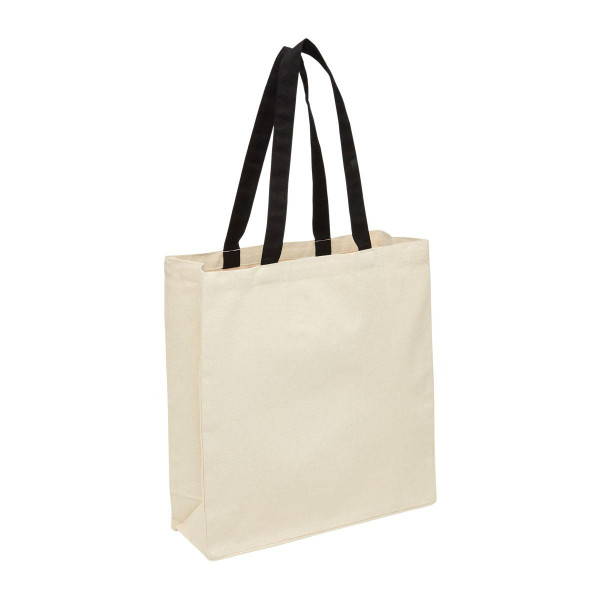 Natural cotton canvas tote bag with black contrast handles and wide gusset base