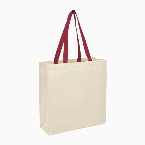 Natural cotton canvas tote bag with burgundy handles and wide gusset base