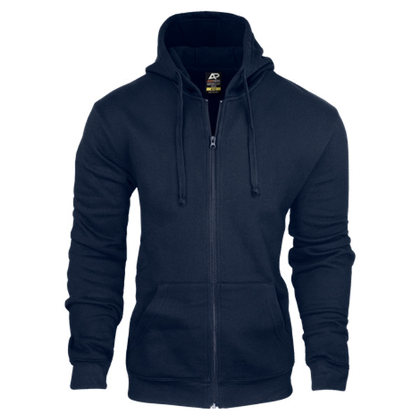 Navy zip-up fleecy hoodie with kangaroo pocket and drawstring hood shown on plain background