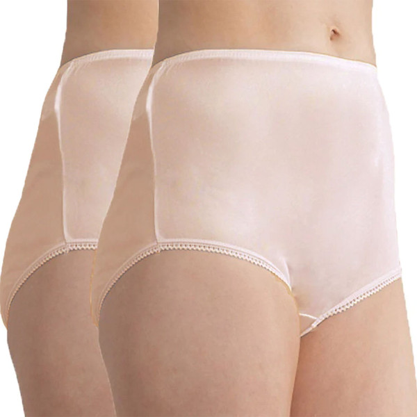 Soft pink nylon full brief underwear with white elastic trim and picot edging detail shown from front and back angles
