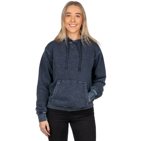 Navy stone washed fleece hoodie with kangaroo pocket and contrast stitching detail