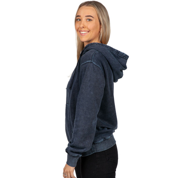 Navy stonewashed fleece hoodie with contrast stitching and ribbed cuffs shown from side angle
