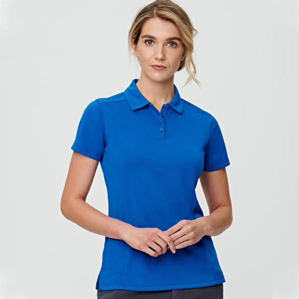 Royal blue women's short sleeve polo shirt with collar and button placket