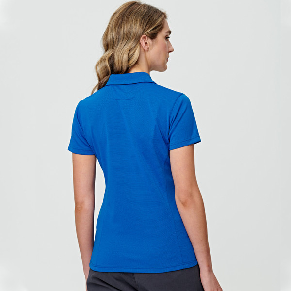 Royal blue women's polo shirt shown from back with ribbed collar and short sleeves
