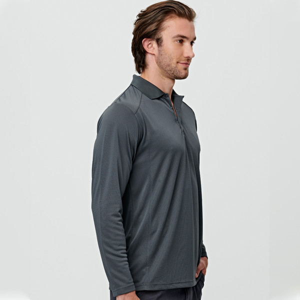 Charcoal grey long sleeve polo shirt with collar and button placket, side view showing smooth bamboo fabric