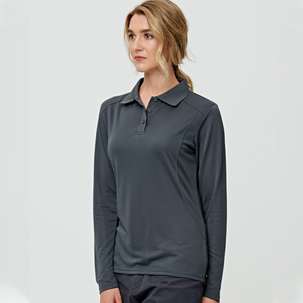 Charcoal grey long sleeve polo shirt with collar and button placket worn by woman