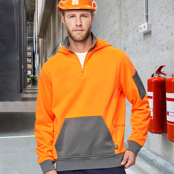 Hi-vis orange fleece hoodie with charcoal grey contrast kangaroo pocket, cuffs and hood lining