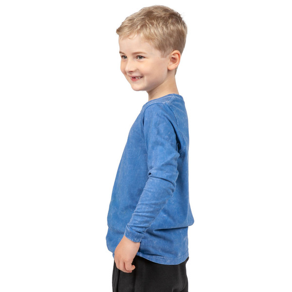 Child wearing a stonewashed denim-blue long sleeve cotton tee with crew neck, side profile view