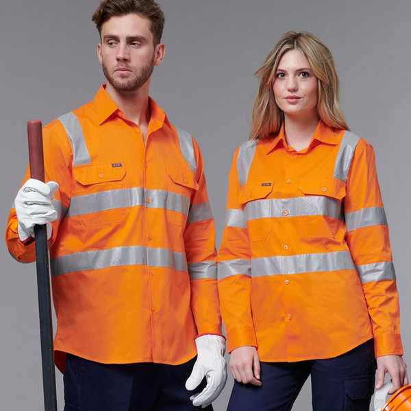 Hi-vis orange work shirts with silver reflective tape, chest pockets, and long sleeves on male and female models