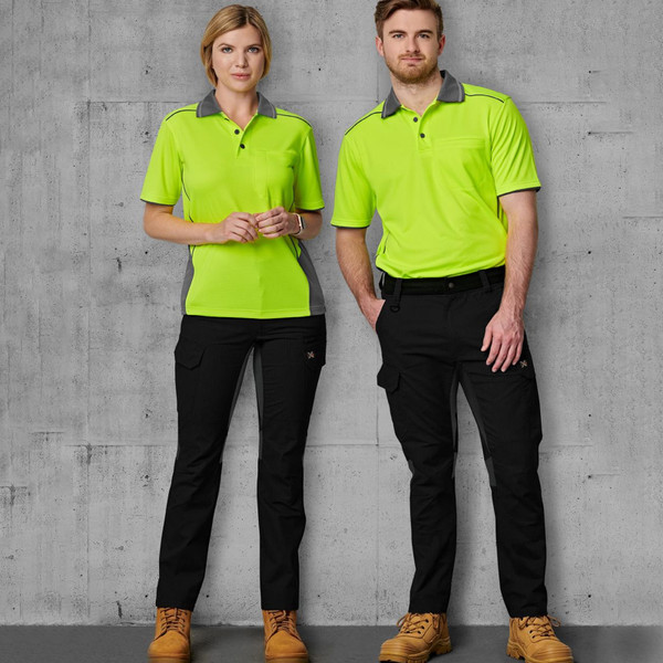 Black rip-stop work pants with cargo pockets and reinforced knees, paired with hi-vis yellow polo shirts featuring grey contrast collar