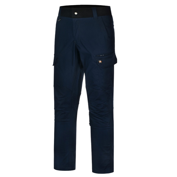 Navy cargo work pants with side pocket featuring black waistband and button closure