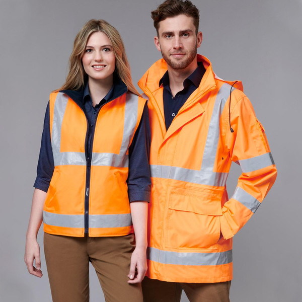 Male and female models wearing orange hi-vis safety vest and waterproof jacket with silver reflective tape bands