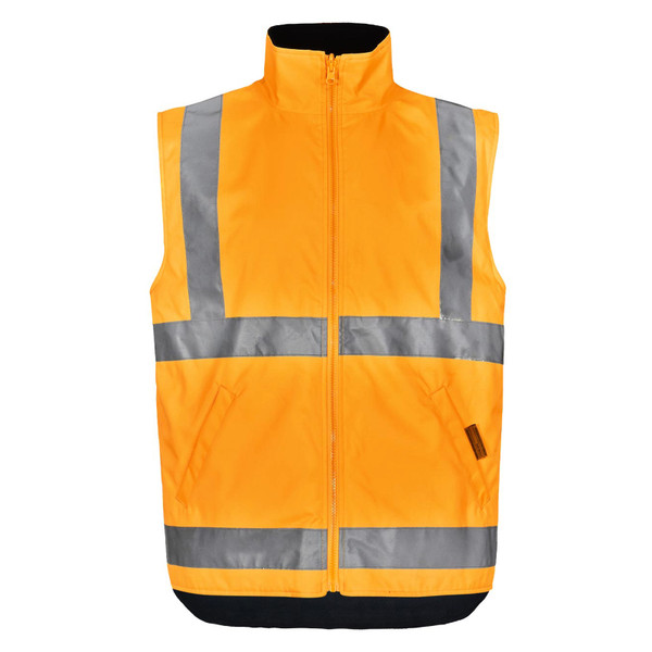 Orange hi-vis safety vest with silver reflective tape bands, zip front, navy contrast hem and underarm panels