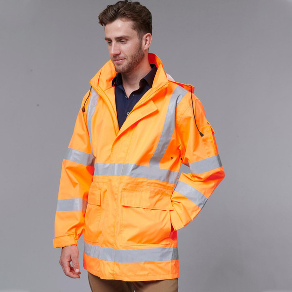 High-visibility orange safety jacket with silver reflective tape and multiple front pockets