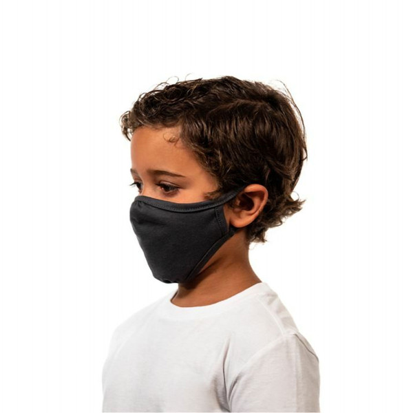 Child wearing black reusable face mask with white crew neck tee, side profile view showing contoured fit
