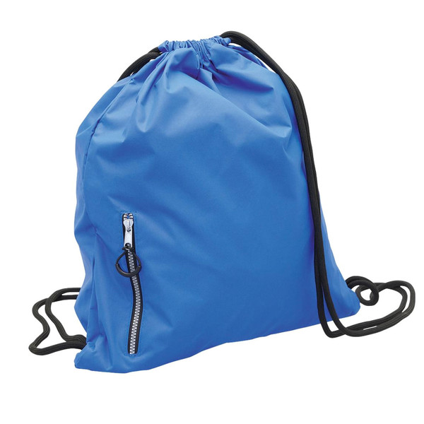 Royal blue ripstop drawstring backpack with black cords and front zippered pocket