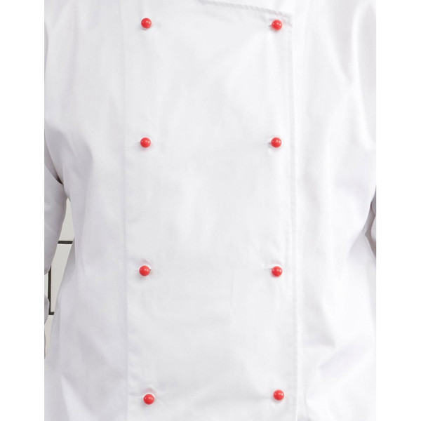 White chef jacket with red stud buttons in double-breasted arrangement, close-up detail view