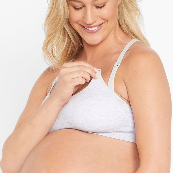 Grey marle maternity crop bra with clip-down nursing straps and seamfree construction