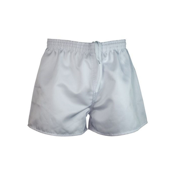 White poly rugby shorts with elasticated waistband and drawstring, traditional cut hem