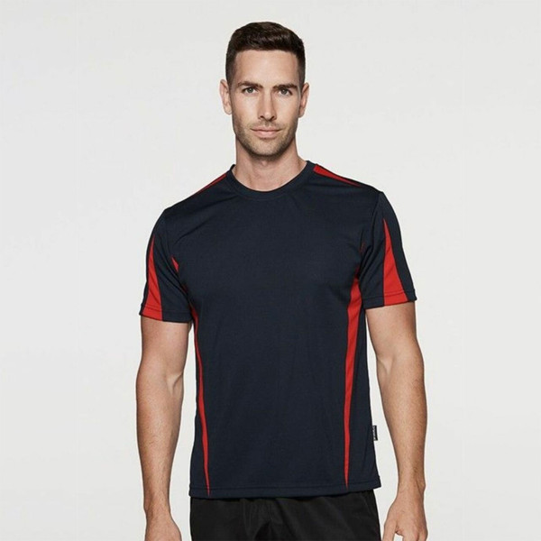 Man wearing navy and red contrast panel short sleeve sport tee with crew neck and side inserts