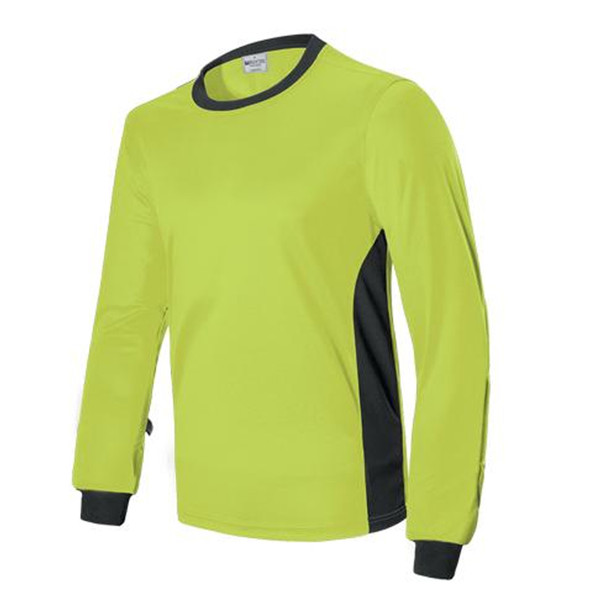 Hi-vis yellow goalkeeper jersey with charcoal side panels, padded long sleeves and contrast trim