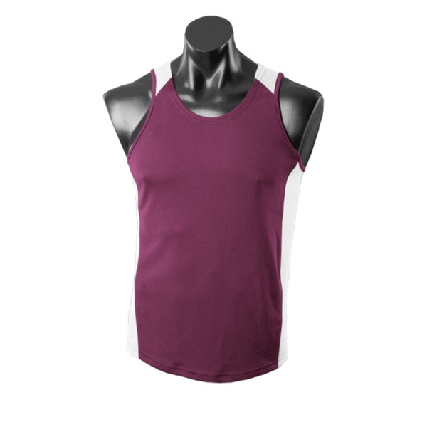 Maroon sleeveless singlet with grey contrast binding on neckline and armholes in mini-waffle knit fabric