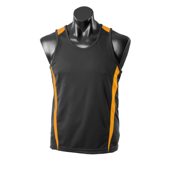 Charcoal grey sleeveless sports singlet with gold contrast side panels and shoulder accents