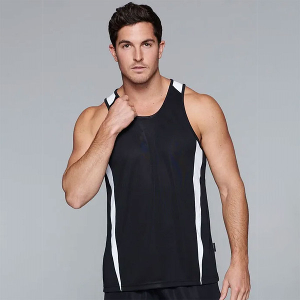 EUREKA Men's Sport Singlet featuring a mini-waffle knit for moisture management, bold contrast side panels, and a lightweight breathable fit for basketball, running, and team training.
