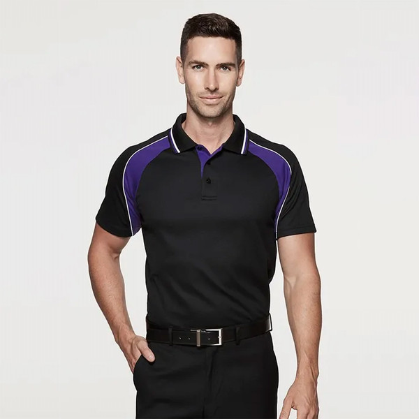 Black polo shirt with purple and white shoulder panels and contrast white collar trim